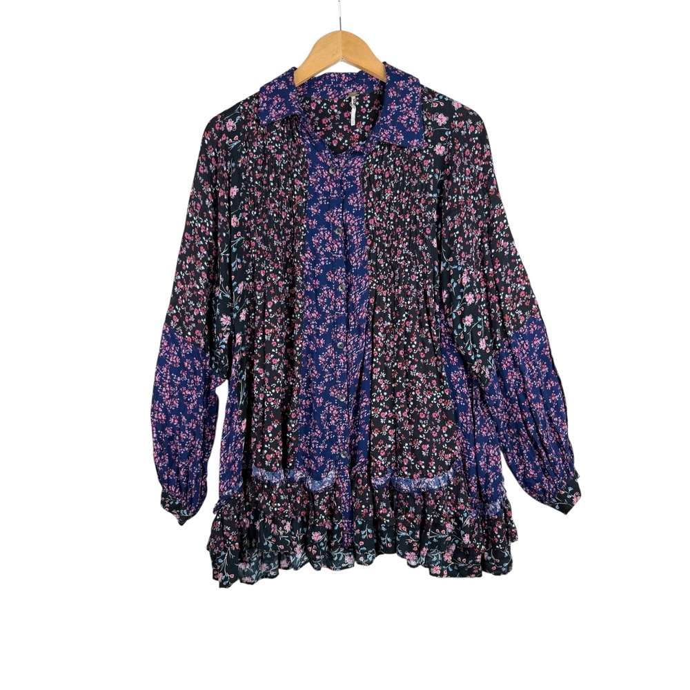 Free People Floral Print "Lost In You" Long Sleeve Tunic Top size XS Black/Purpl